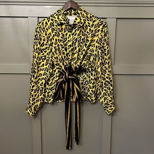 Henri Bendel Didier Renard Paris Yellow Leopard Print Wrap Top Long Sleeve